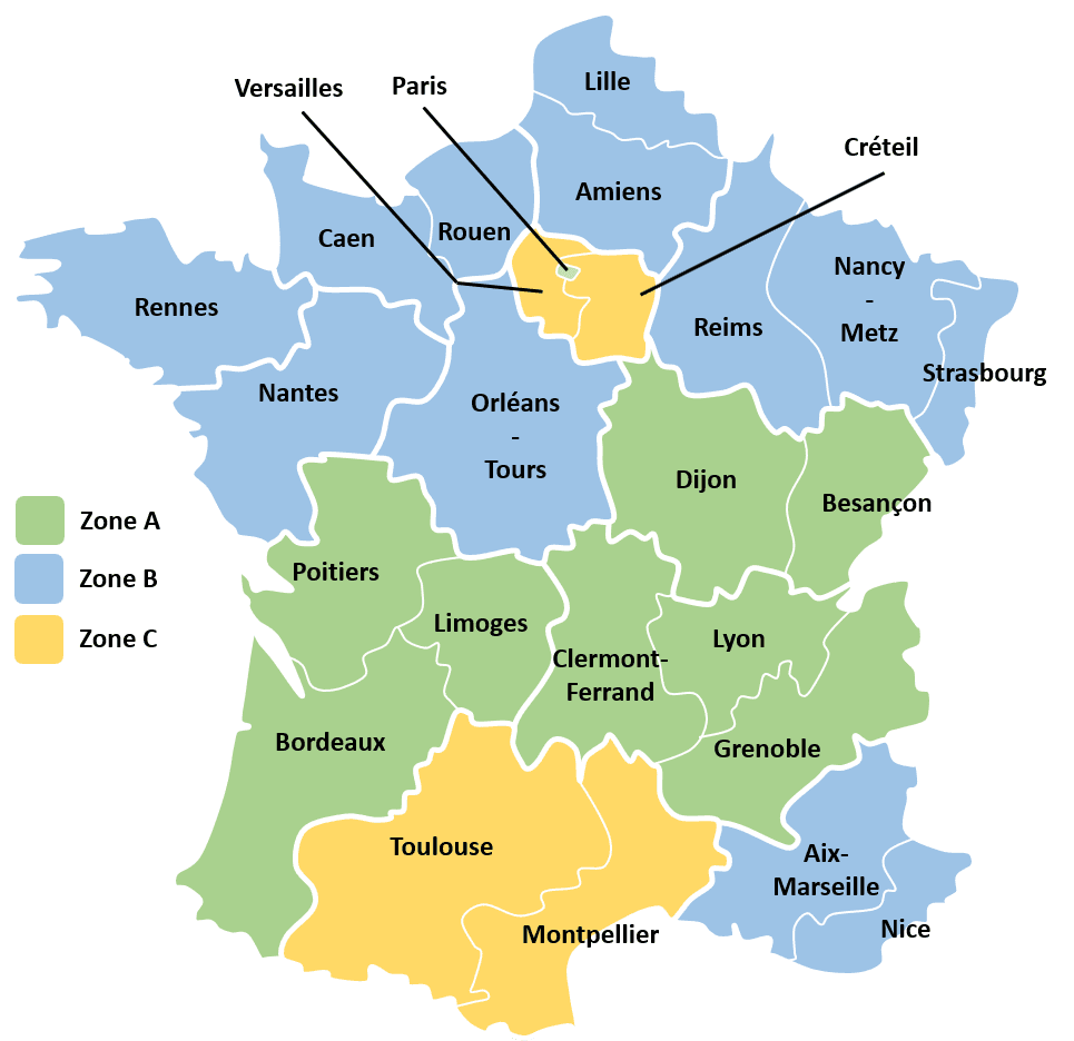 Carte des zones scolaires A, B et C en France